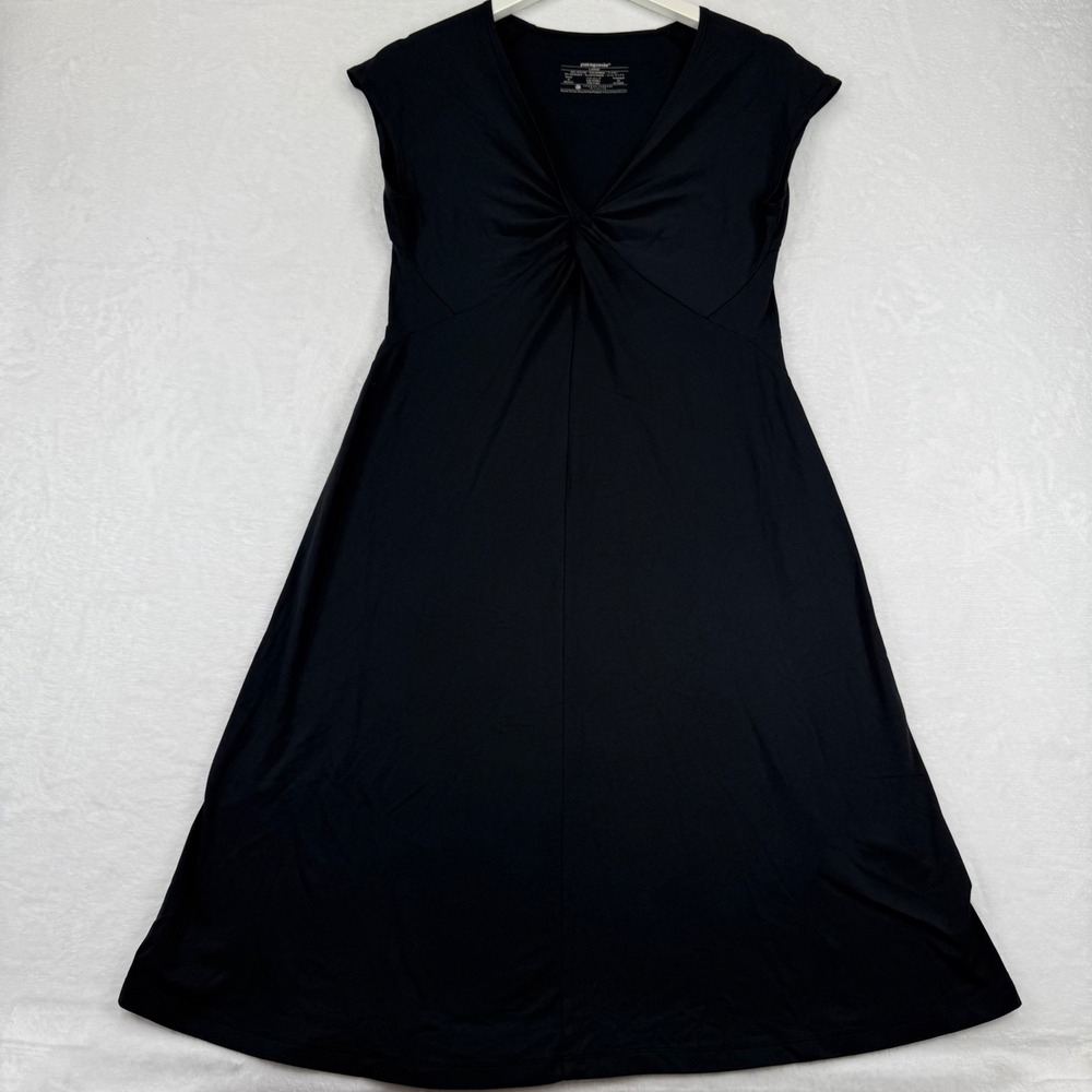 Patagonia Margot Dress Black V-Neck Twist Front Cap Sleeve A-Line Large 58729